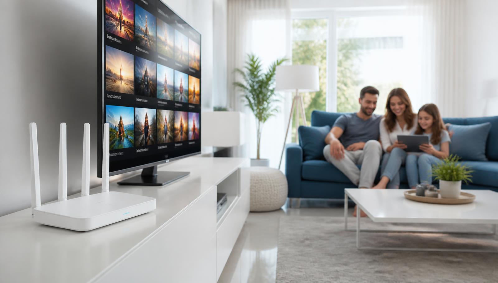 Wifi router beside a television with a streaming interface while a family relaxes together