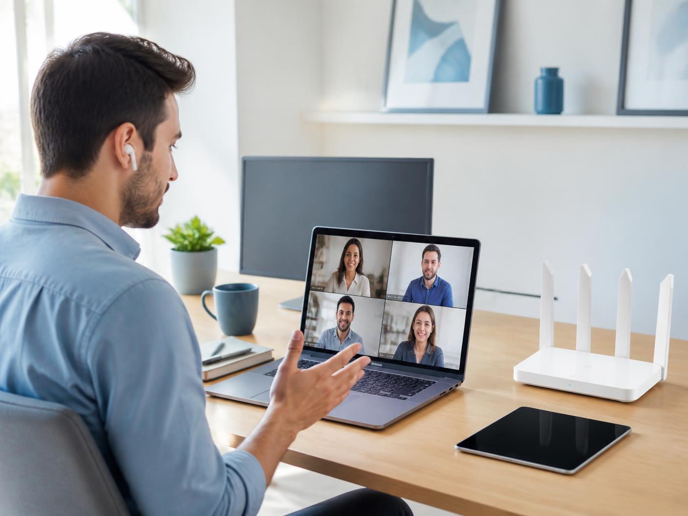 Professional working from home with a laptop, monitor and tablet connected