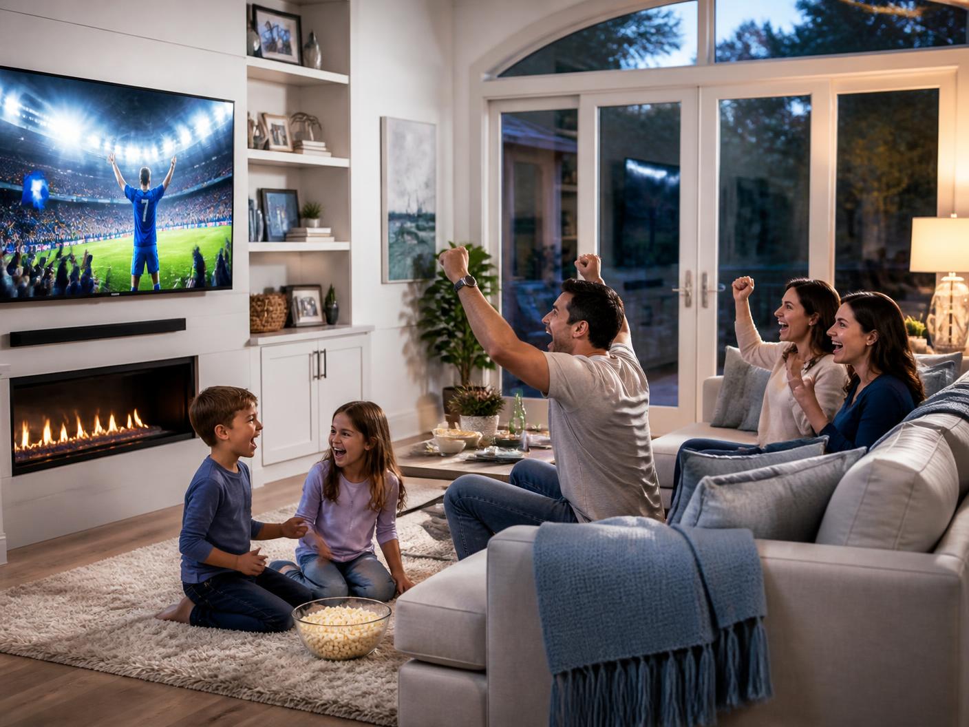 Family together on a sofa watching live sports on television