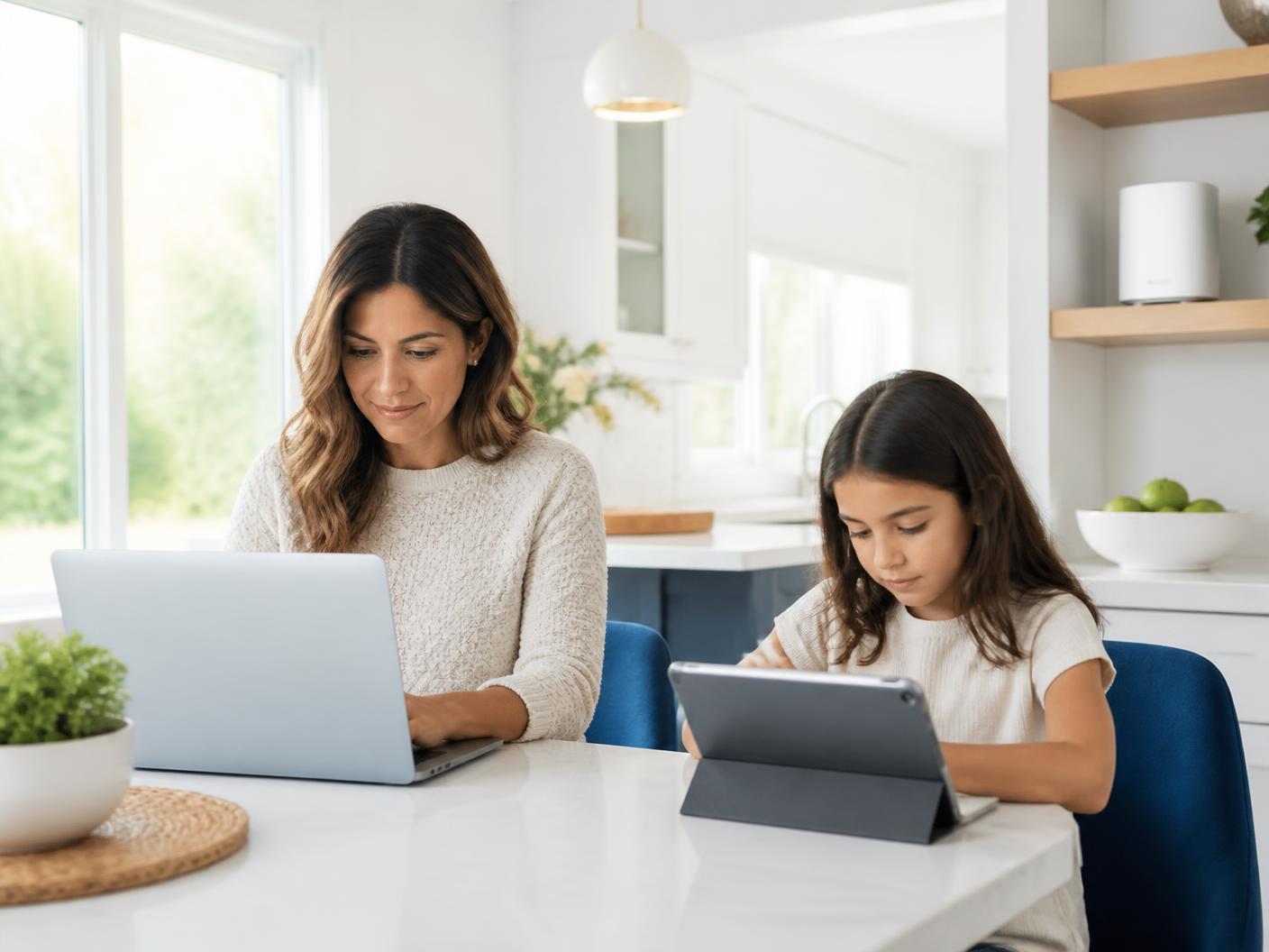 Family at home using a laptop, tablet and game controller on fast fiber internet