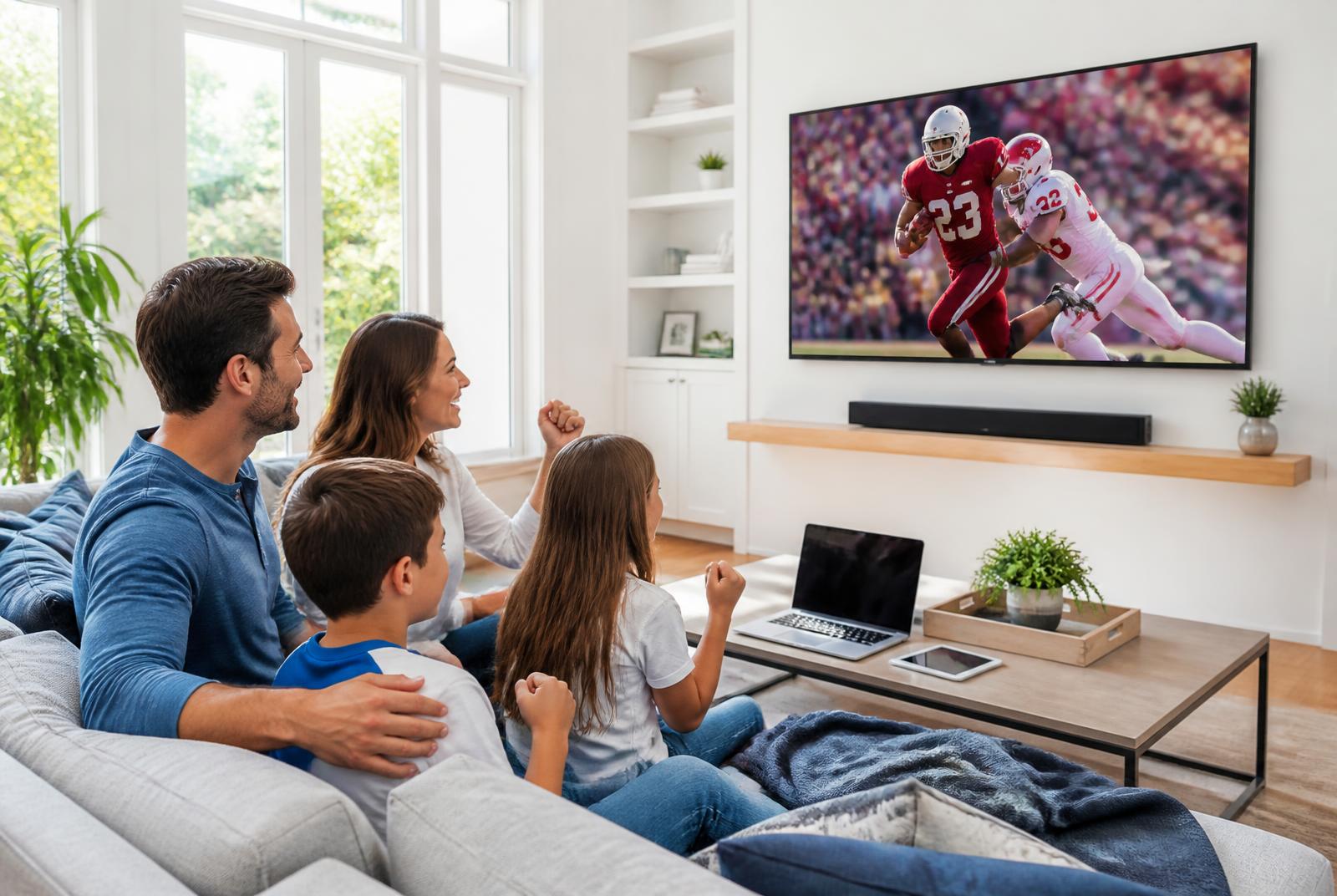Family at home smiling together watching sports on television with connected devices
